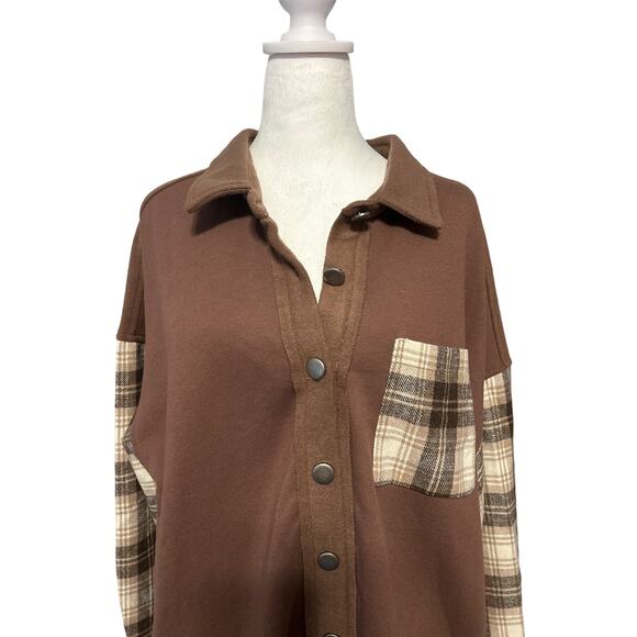Papermoon Shacket Women’s Size Large Brown Plaid Sleeves & Pockets Mix Media NWT - Picture 2 of 8